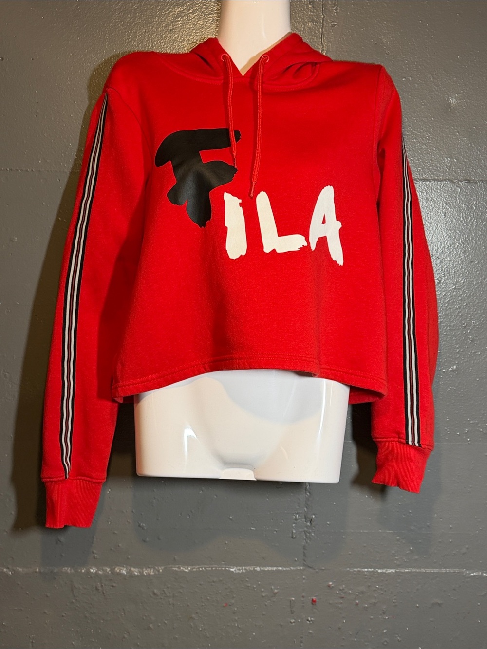 Fila Red Cropped Crewneck Hoodie with Striped Sleeves